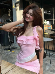 Pink Ruffles Crop Top And Fish Tail Midi Skirt Set
