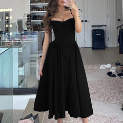Solid Spaghetti Strap Bustier Pleated Midi Dress