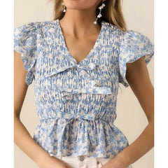 Pleated Smocked 3D Bow Babydoll Crop Top