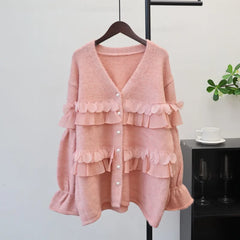 Pearl Button Ruffle Trim Cardigan