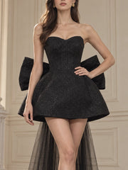 Black Strapless Large Back Bow Mesh Mini Dress