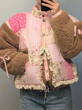 Patchwork Floral Gingham Print Bow Decor Fleece Jacket