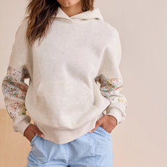 Floral Embroidered Patchwork Sleeve Hoodie Sweatshirt