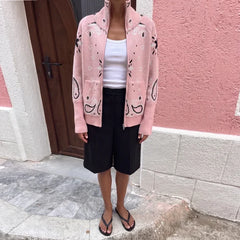 Paisley Knitted Zipper Stand Collar Cardigan Sweatshirt