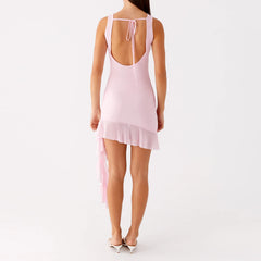 Pink Ruffled Floral Tank Boat Neck Back Tie-up Mini Dress