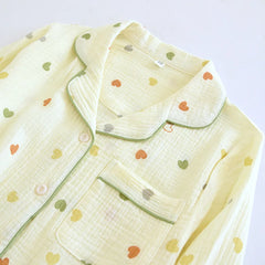 Yellow Heart Printed Long Sleeve Shirt And Pants Pajama Set