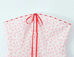 Pink Bow Print Ribbion Smocked Mini Dress