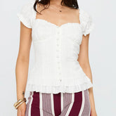 White Ruffled Trim Sweetheart Bubble Short Sleeve Top