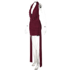 Halter Deep V Neck Teardrop Crystals Draped Mini Dress