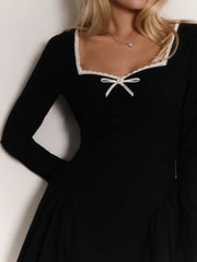 Black Square Collar Bowknot A-line Mini Dress