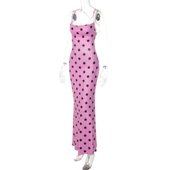 Pink Polka Dot Spaghetti Strap Lace-up Long Dress