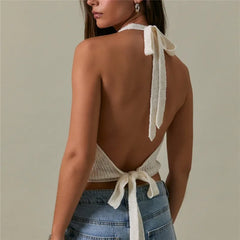 Knit Cowl Neck Backless Tie Up Top