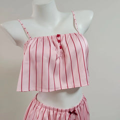 Pink Striped Satin Crop Top And Shorts Loungewear Set