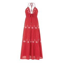 Embroidery Smocked V-Neck Halter Long Dress