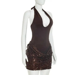 Sequin Patchwork Halter Tank Mini Bodycon Dress