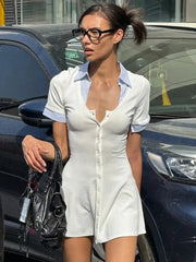 Knit Buttoned Collar Short Sleeve Mini Dress