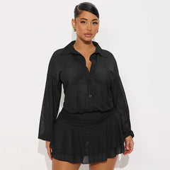 Button Up Collar Mesh See Through Long Sleeve Mini Dress