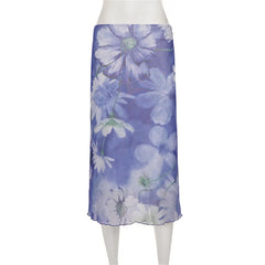 Blue Flower Printed Mesh Midi Skirt