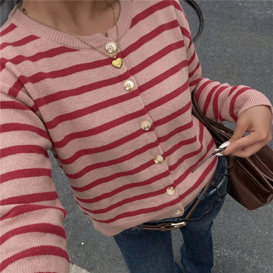 Pink Striped Knit Buttoned Cardigan