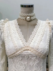 White V-Neck Lace Long Sleeve Flare Mini Dress