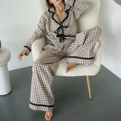 Gingham Bow Tie Long Sleeve Shirt And Pants Pajama Sets
