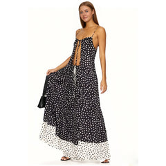 Black Dotted Slit Long Top And Maxi Skirt Set