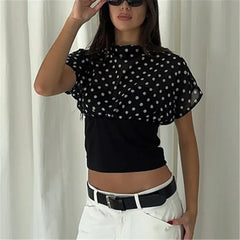 Polka Dot Mesh Overlay Short Sleeve Top