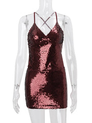Red Tie Up Cami Sequin Mini Dress