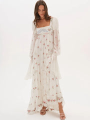 White Floral Square Neck Long Puff Sleeve Maxi Dress