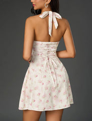 Jacquard Pink Floral Print Halter Neck Mini Dress