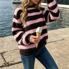Striped Fuzzy Crew Neck Sweater
