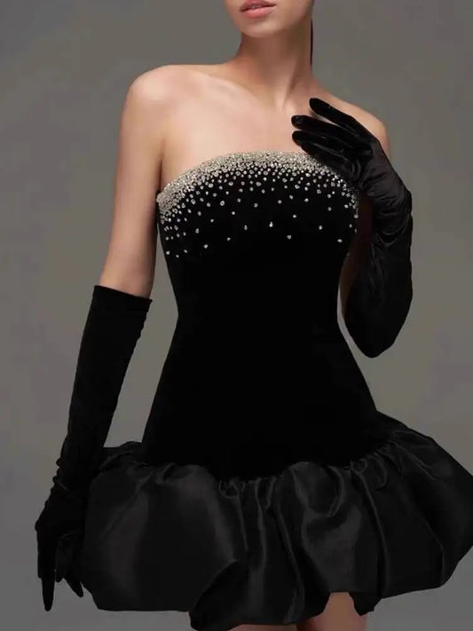 Black Velvet Rhinestone Mini Strapless Dress