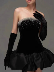Black Velvet Rhinestone Mini Strapless Dress