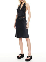 Lace Patchwork Halter Sleeveless Midi Dress