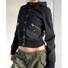 Black Hooded Cargo Snap Button Jacket with Pockets