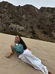 Blue Tie Dye Halter Deep Neck Top