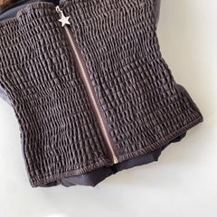 Faux Fur Leather Lace Up Strapless Smocked Crop Top