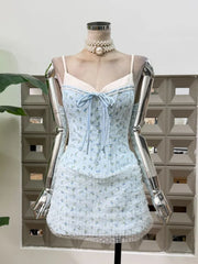 Floral Corset Strap Bow Corset And Mesh Overlay Mini Skirt Set