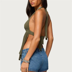 Deep O Ring Halter Front Slit Back Tie Top
