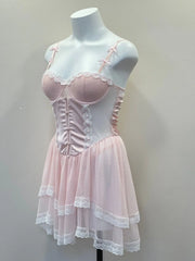Mesh Tiered Dotted Lace Trim Mesh Night Dress