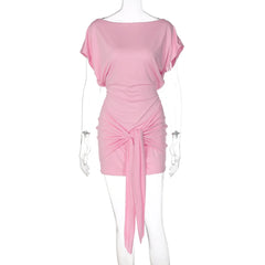 Pink Short Sleeve Waist Tie Mini Dress