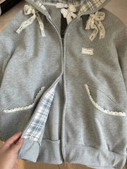 Lace Patchwork Bow Zip Hoodie