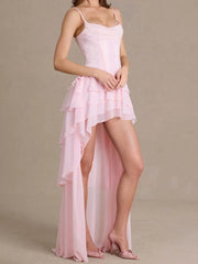 Pink Diamond Lace Up Corset Ruffle Tiered Midi Dress