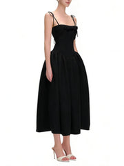 Square Neck Sleeveless Tie Up Strap Bow Mesh Midi Dress