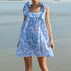 Floral Tie Square Neck Flare Mini Dress