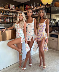 Sequins Flower Print Strap Mini Dress