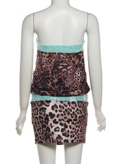 Strapless Leopard Print Sequin Patchwork Mini Dress