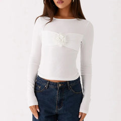 Long Sleeve 3D Flower Round Neck Top