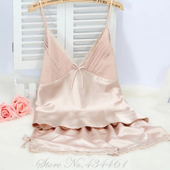Satin Lace Bow Cami Top And Shorts Pijamas Set