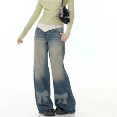 Bow Print Mid Rise Wide Leg Denim Pants